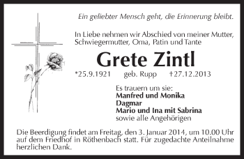 Traueranzeige von Grete Zintl von Pegnitz-Zeitung